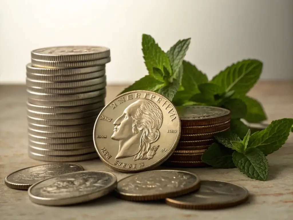 Rare U.S. coins without mint marks displayed in a stack and collectible silver coin arrangement.