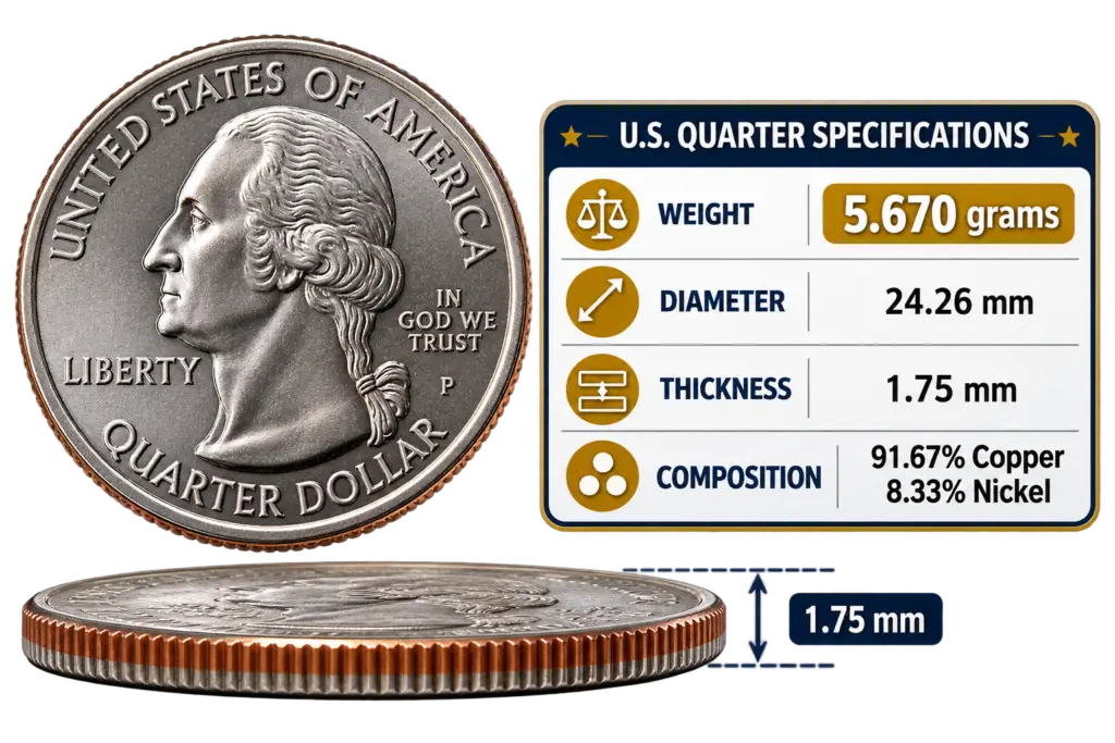 U.S. quarter weight and specifications showing 5.670 grams
