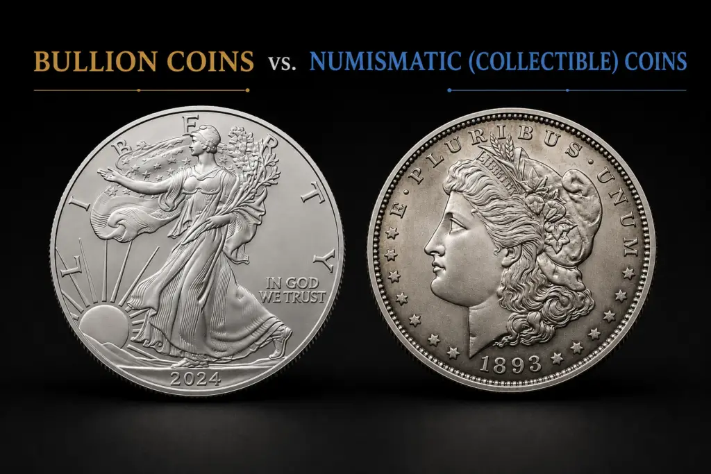 Bullion vs. numismatic coins infographic comparing precious metal value, rarity, coin grading, premiums, and collecting benefits.