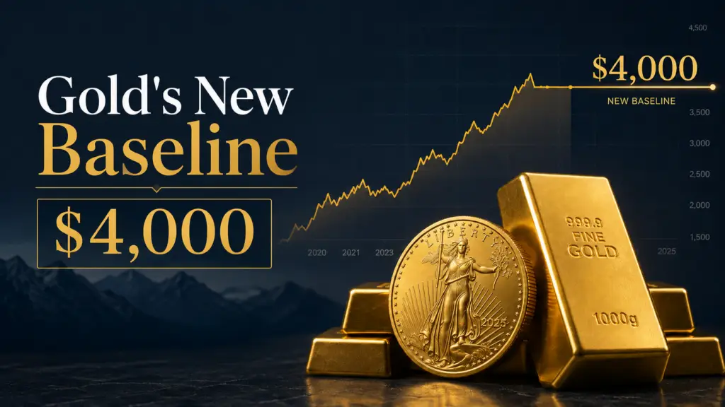 Gold bars and an American Gold Eagle coin with a chart showing gold approaching the $4,000 price level, illustrating the concept of gold's new baseline.