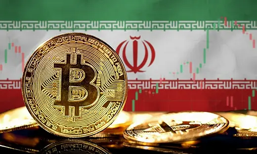 Bitcoin cryptocurrency displayed in front of the Iranian flag representing Iran's use of digital assets to evade sanctions