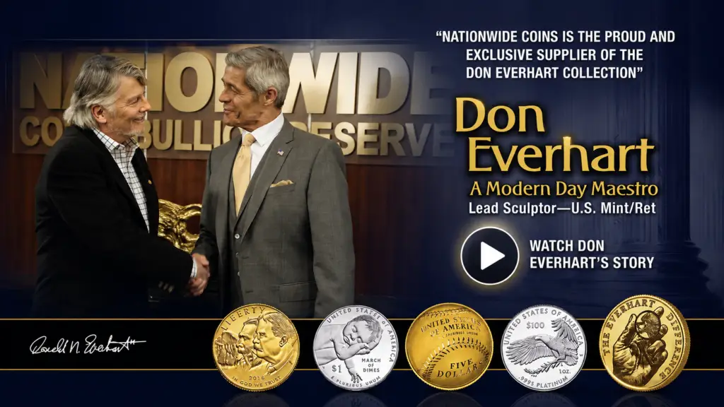 Don Everhart Collection banner featuring exclusive coins, Don Everhart, and a video call-to-action from Nationwide Coin & Bullion Reserve.