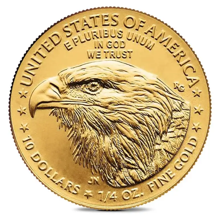 Quarter-ounce American Gold Eagle coin reverse featuring a bald eagle design and 1/4 oz fine gold inscription.