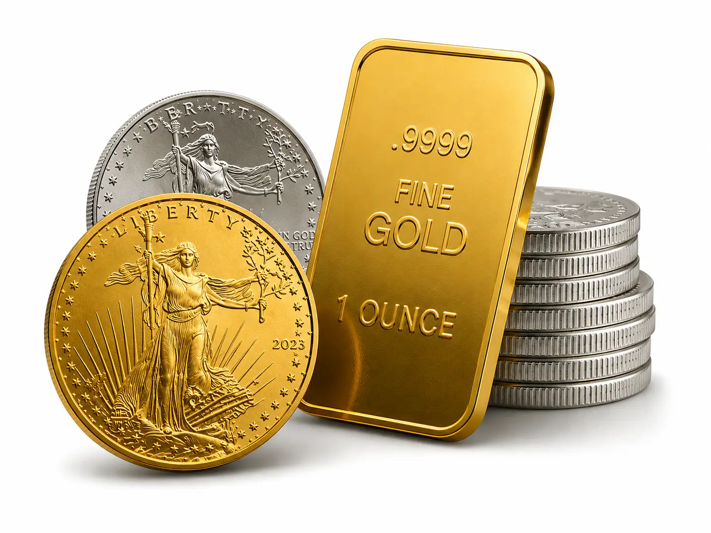 Gold bar, gold coin, silver coin, and stacked silver bullion on a white background representing precious metals investing.