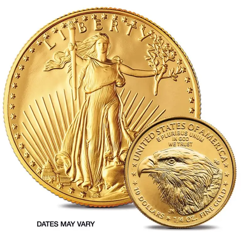 American Gold Eagle quarter-ounce gold coin showing both the Lady Liberty obverse and bald eagle reverse designs.