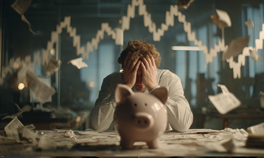 Stressed investor with a piggy bank illustrating the financial risks of short-term gold futures trading