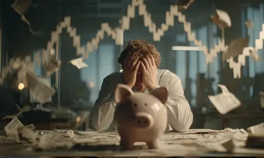 Stressed investor with a piggy bank illustrating the financial risks of short-term gold futures trading