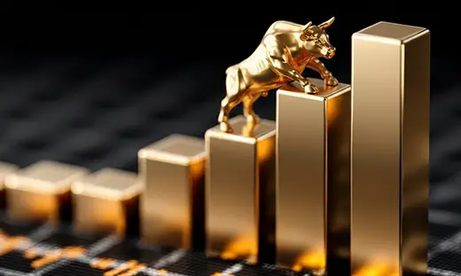 Gold bull on an upward market chart symbolizing rising gold prices and precious metals investment