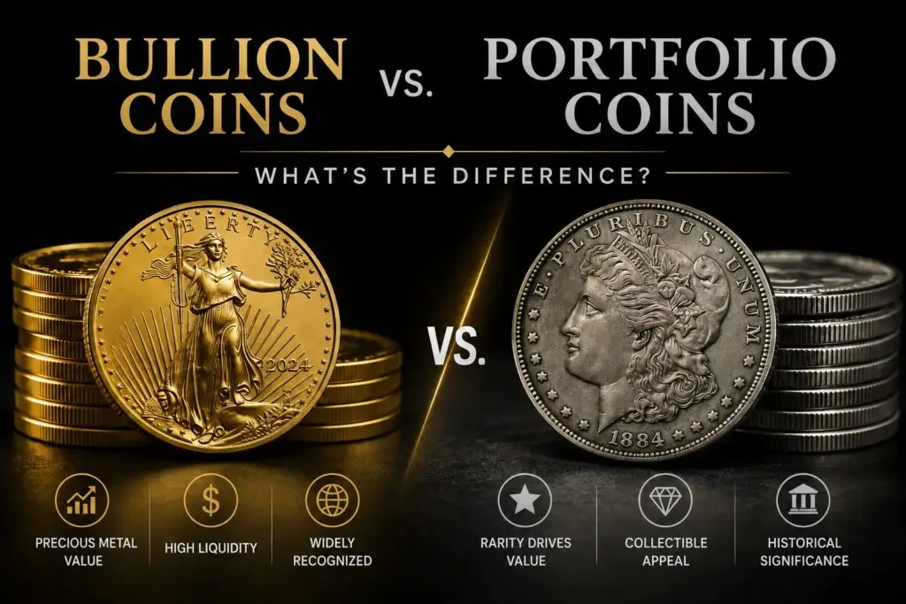 Bullion coins vs. portfolio coins comparison graphic showing gold bullion coins and silver collectible coins, highlighting precious metal value, liquidity, recognition, rarity, collectible appeal, and historical significance.