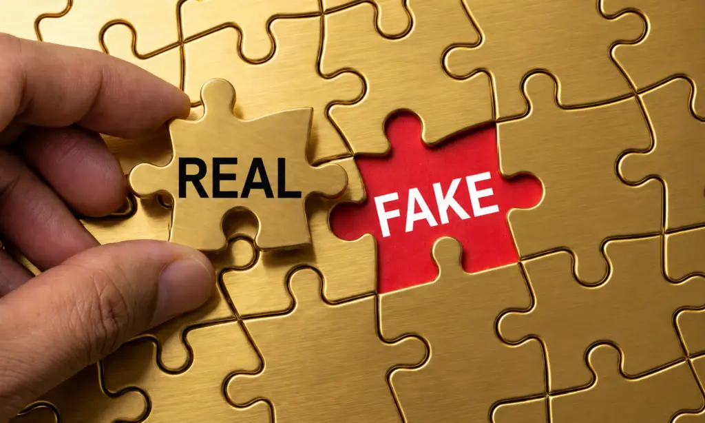 Hand placing a gold puzzle piece labeled “REAL” beside a red puzzle piece labeled “FAKE” on a gold background.