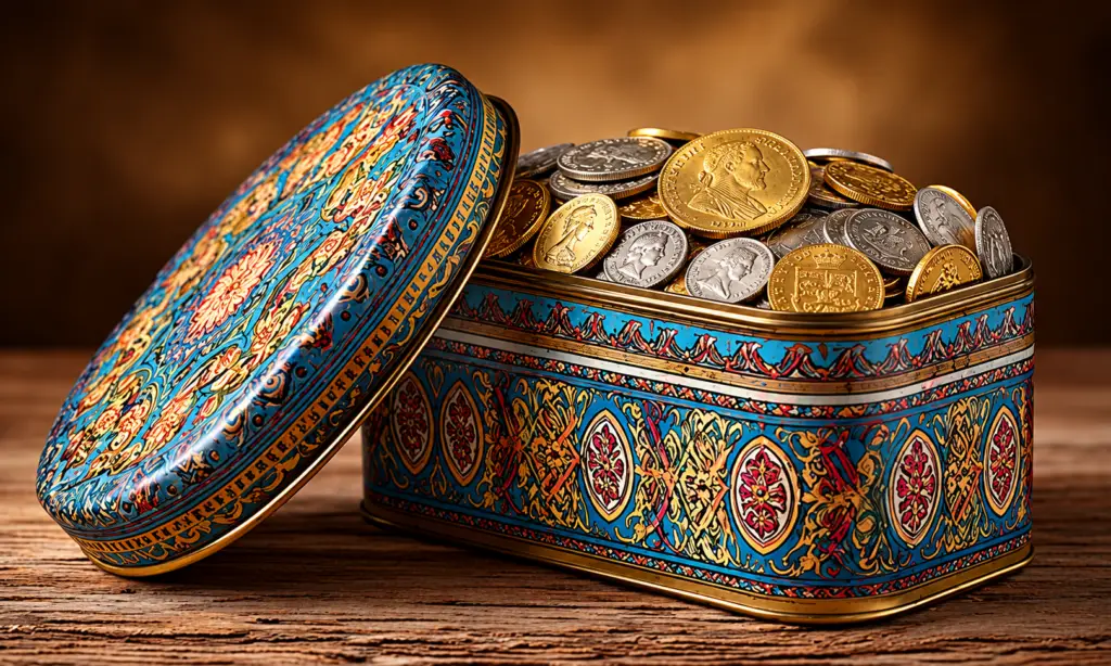 Ornate decorative biscuit tin filled with assorted gold and silver coins, with the intricately patterned lid leaning against it on a wooden surface.