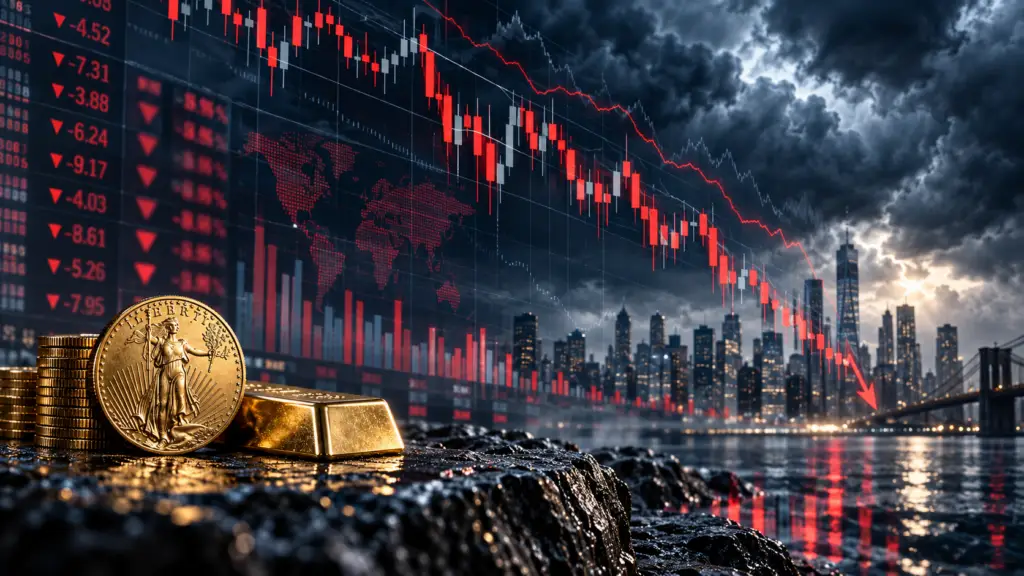 Alt text fro this Gold coin and gold bullion bars in the foreground against a city skyline, with a falling red stock market chart and storm clouds symbolizing financial market decline and economic uncertainty.