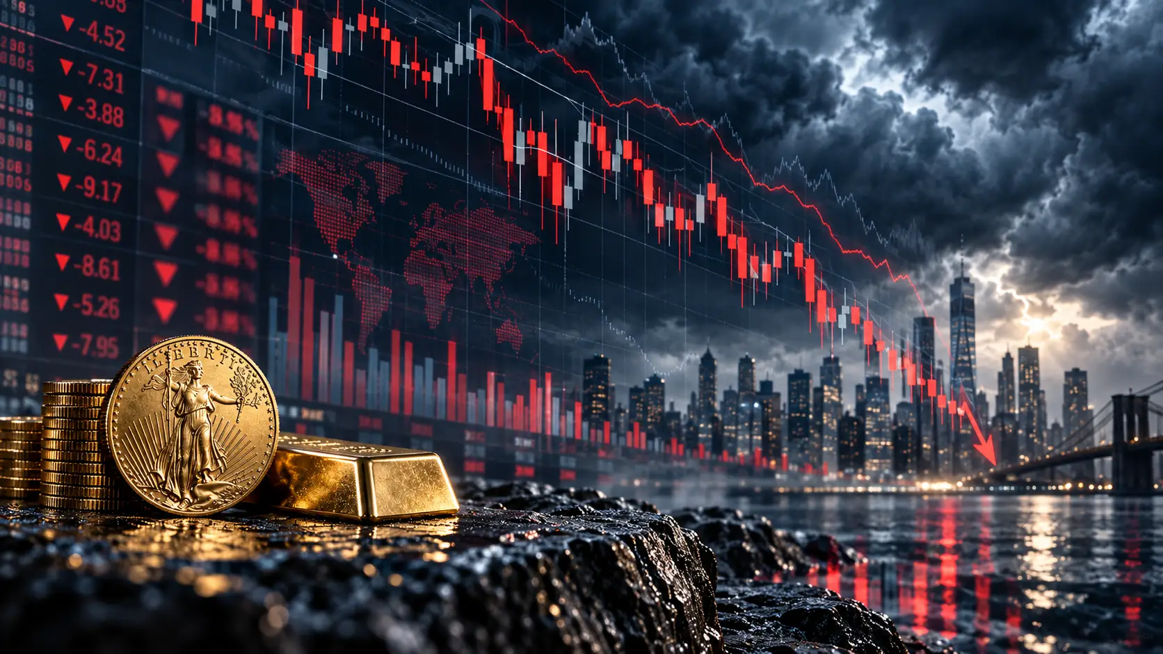 Alt text fro this Gold coin and gold bullion bars in the foreground against a city skyline, with a falling red stock market chart and storm clouds symbolizing financial market decline and economic uncertainty.